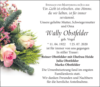 Traueranzeige von Wally Obstfelder von Südthüringer Presse
