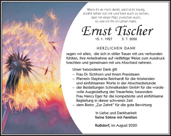 Traueranzeige von Erika Tischer von Südthüringer Presse