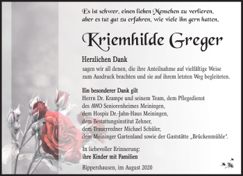 Traueranzeige von Kriemhilde Greger von Südthüringer Presse