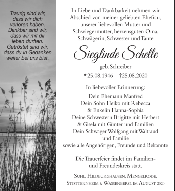 Traueranzeige von Sieglinde Schelle von Südthüringer Presse