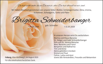 Traueranzeige von Brigitta Schneiderbanger von Neue Presse Coburg