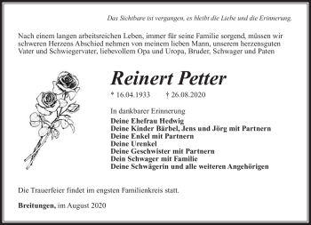 Traueranzeige von Reinert Petter von Südthüringer Presse
