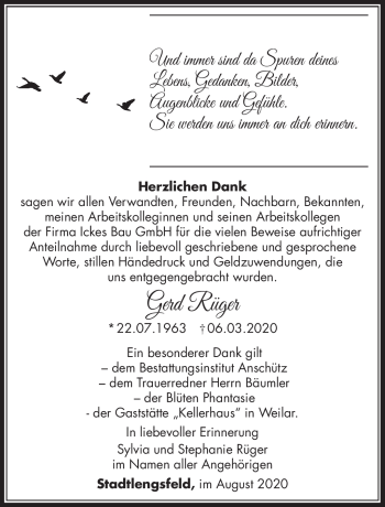 Traueranzeige von Gerd Rüger von Südthüringer Presse