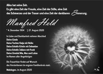 Traueranzeige von Manfred Held von Südthüringer Presse