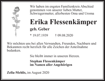 Traueranzeige von Erika Flessenkämper von Südthüringer Presse
