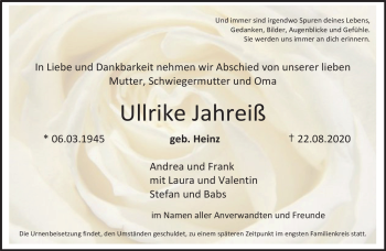 Traueranzeige von Ullrike Jahreiß von Frankenpost