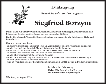 Traueranzeige von Siegfried Borzym von Südthüringer Presse