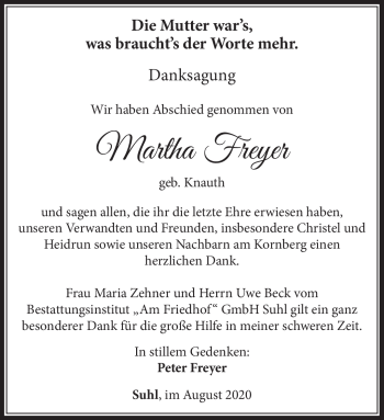Traueranzeige von Martha Freyer von Südthüringer Presse