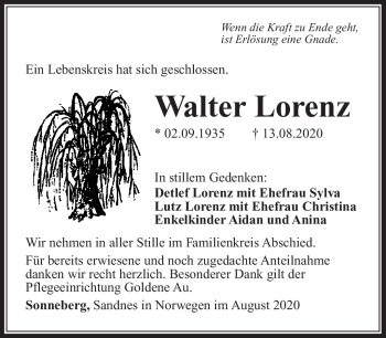 Traueranzeige von Walter Lorenz von Südthüringer Presse