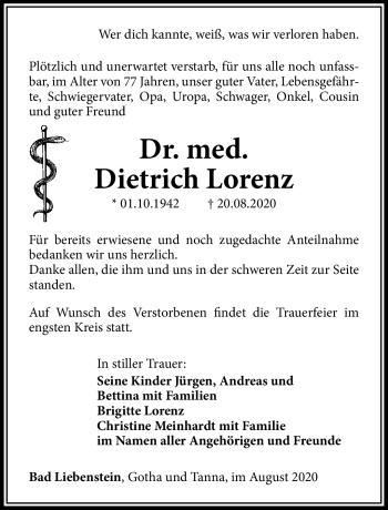 Traueranzeige von Dietrich Lorenz von Südthüringer Presse