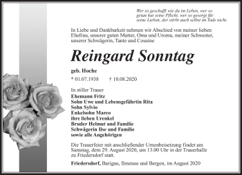 Traueranzeige von Reingard Sonntag von Südthüringer Presse