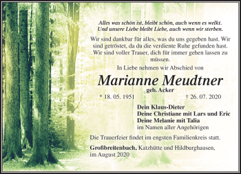 Traueranzeige von Marianne Meudtner von Südthüringer Presse