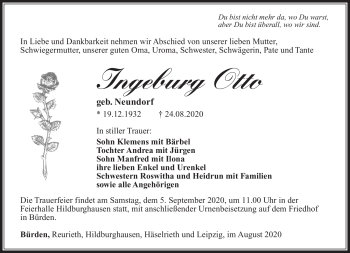 Traueranzeige von Ingeburg Otto von Südthüringer Presse
