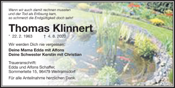 Traueranzeige von Thomas Klinnert von Neue Presse Coburg