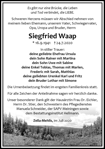 Traueranzeige von Siegfried Waap von Südthüringer Presse