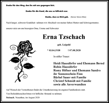 Traueranzeige von Erna Tzschach von Südthüringer Presse