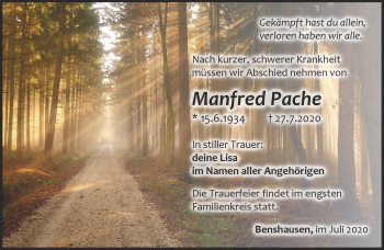 Traueranzeige von Manfred Pache von Südthüringer Presse