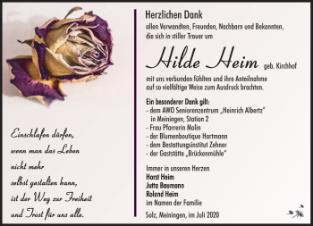 Traueranzeige von Hilde Heim von Südthüringer Presse