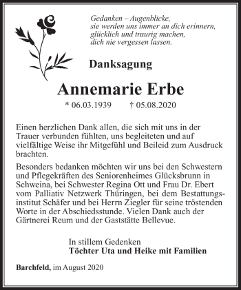 Traueranzeige von Annemarie Erbe von Südthüringer Presse