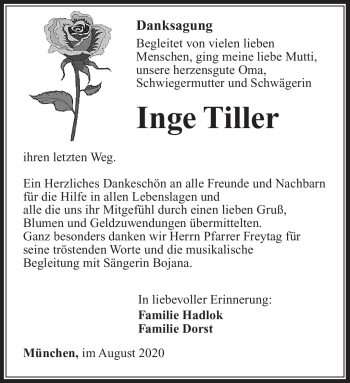 Traueranzeige von Inge Tiller von Südthüringer Presse