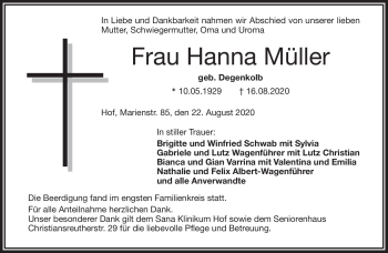 Traueranzeige von Hanna Müller von Frankenpost