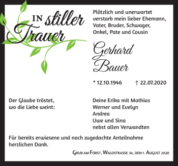 Traueranzeige von Gerhard Bauer von Neue Presse Coburg