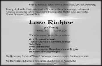 Traueranzeige von Lore Richter von Südthüringer Presse