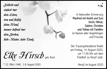 Traueranzeige von Elke Hirsch von Südthüringer Presse