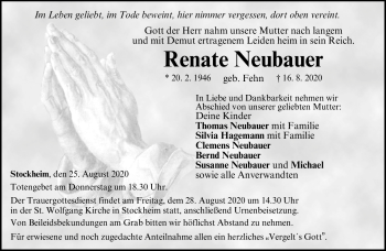 Traueranzeige von Renate Neubauer von Neue Presse Coburg
