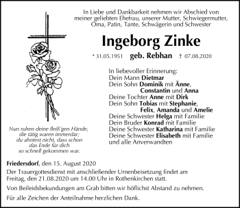 Traueranzeige von Ingeborg Zinke von Frankenpost