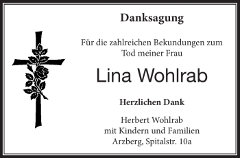 Traueranzeige von Lina Wohlrab von Frankenpost