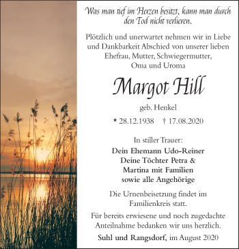 Traueranzeige von Margot Hill von Südthüringer Presse