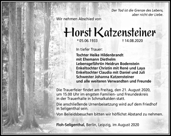 Traueranzeige von Horst Katzensteiner von Südthüringer Presse