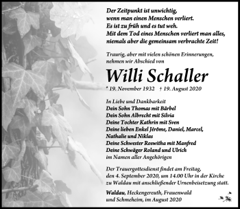 Traueranzeige von Willi Schaller von Südthüringer Presse