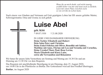 Traueranzeige von Luise Abel von Südthüringer Presse