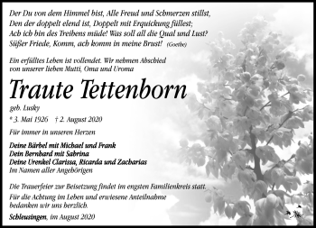 Traueranzeige von Traute Tettenborn von Südthüringer Presse