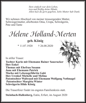 Traueranzeige von Helene Holland-Merten von Südthüringer Presse