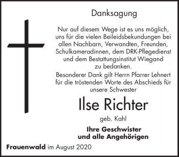 Traueranzeige von Ilse Richter von Südthüringer Presse