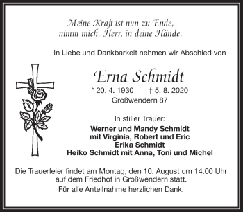 Traueranzeige von Erna Schmidt von Frankenpost