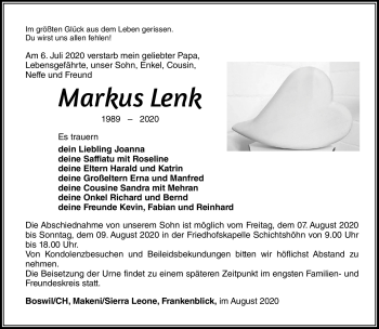 Traueranzeige von Markus Lenk von Südthüringer Presse