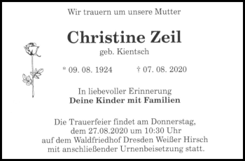 Traueranzeige von Chrsitine Zeil von Südthüringer Presse