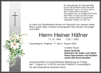 Traueranzeige von Heiner Häfner von Frankenpost