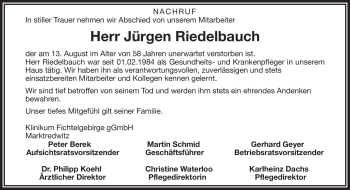Traueranzeige von Jürgen Riedelbauch von Frankenpost