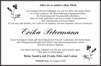 Traueranzeige von Erika Petermann von Südthüringer Presse