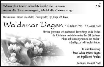 Traueranzeige von Waldemar Degen von Südthüringer Presse