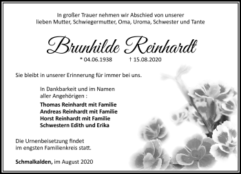 Traueranzeige von Brunhilde Reinhardt von Südthüringer Presse
