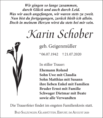 Traueranzeige von Karin Schober von Südthüringer Presse