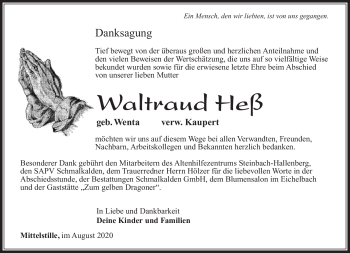 Traueranzeige von Waltraud Heß von Südthüringer Presse