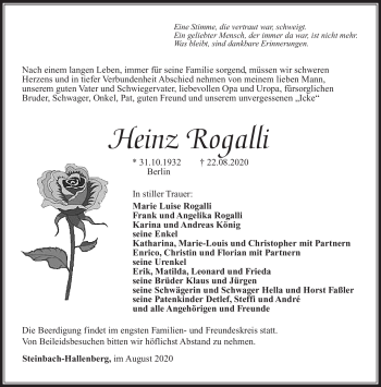 Traueranzeige von Heinz Rogalli von Südthüringer Presse