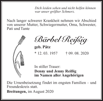 Traueranzeige von Bärbel Reißig von Südthüringer Presse